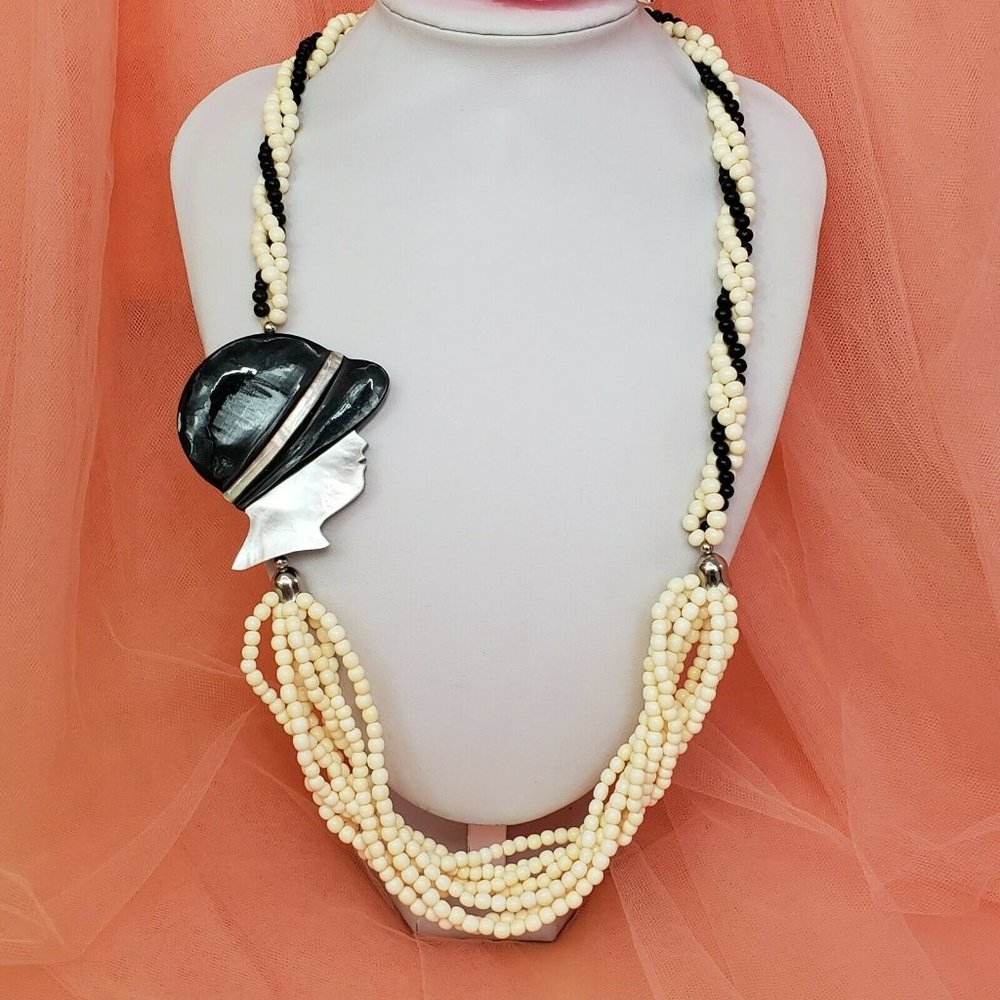 Mother of Pearl & Bone Bead Statement Necklace Black White Multi Strand Necklace